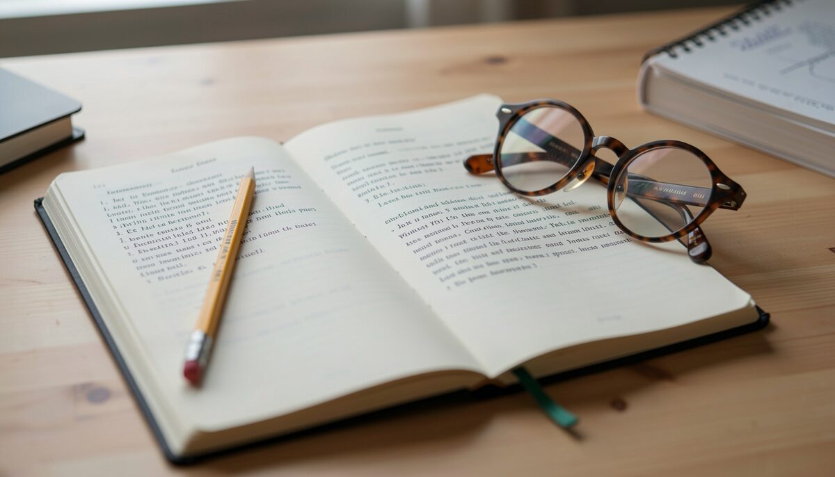 An open notebook of handwritten source citations on a desk with a pencil and a pair of reading glasses, a lamp just out of frame and afternoon light across the paper.