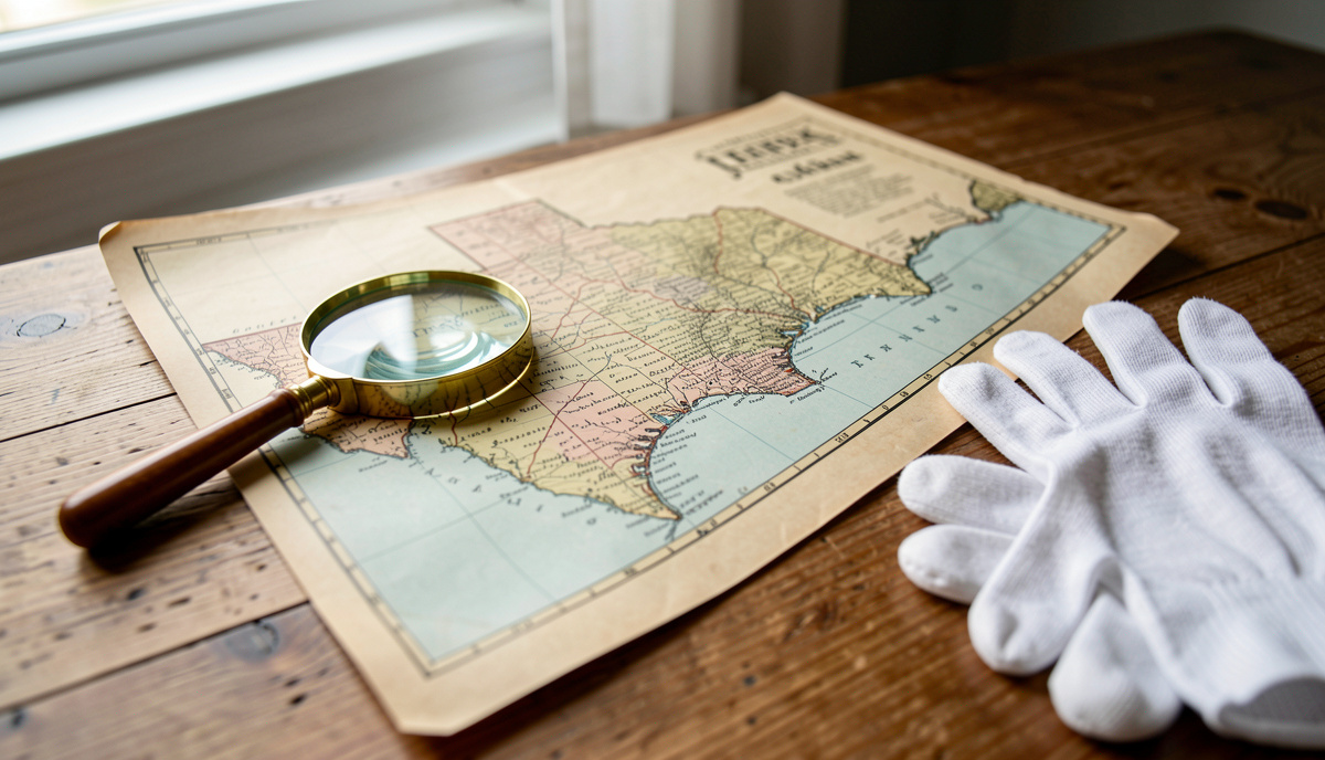 A close-up of an antique map of the Texas Gulf Coast on a wooden table, lit by soft window light, with a magnifying glass and a pair of white cotton gloves resting beside it.