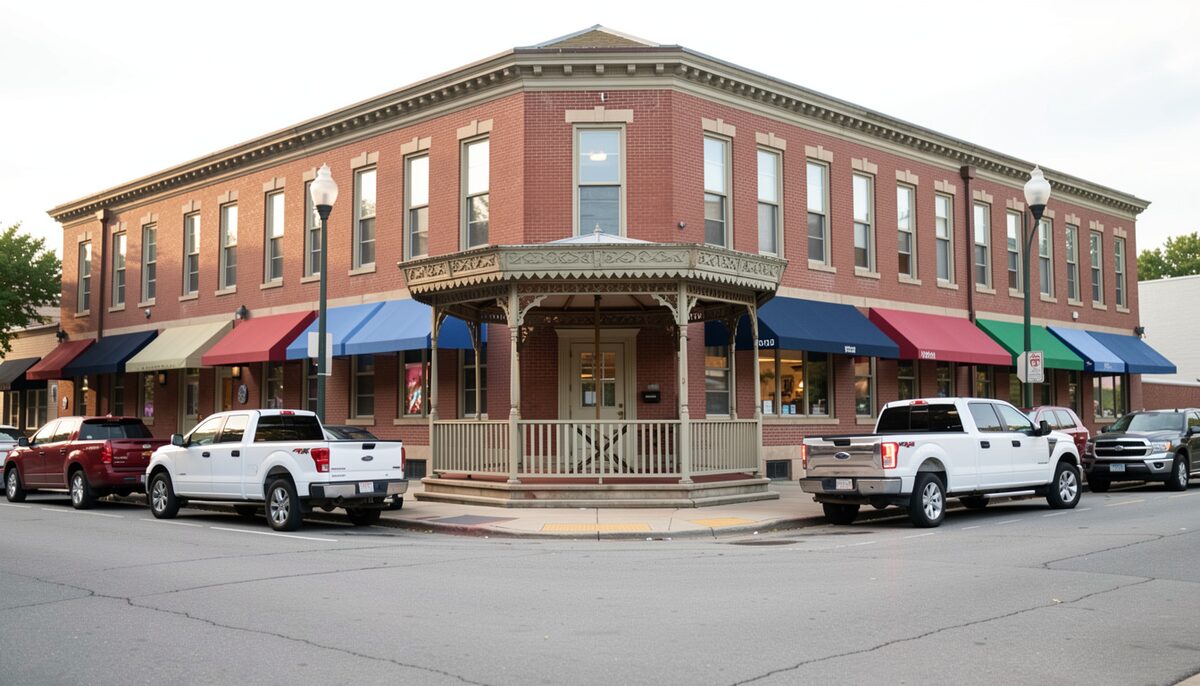 A courthouse square seen from the corner, a bandstand and shop awnings along one side, two pickups parked at the kerb, bare trees and long shadows in low winter light.