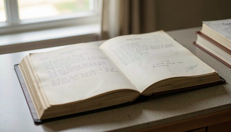 A cloth-bound deed volume open on a wooden table in a county clerk's office, handwritten entries running down the page