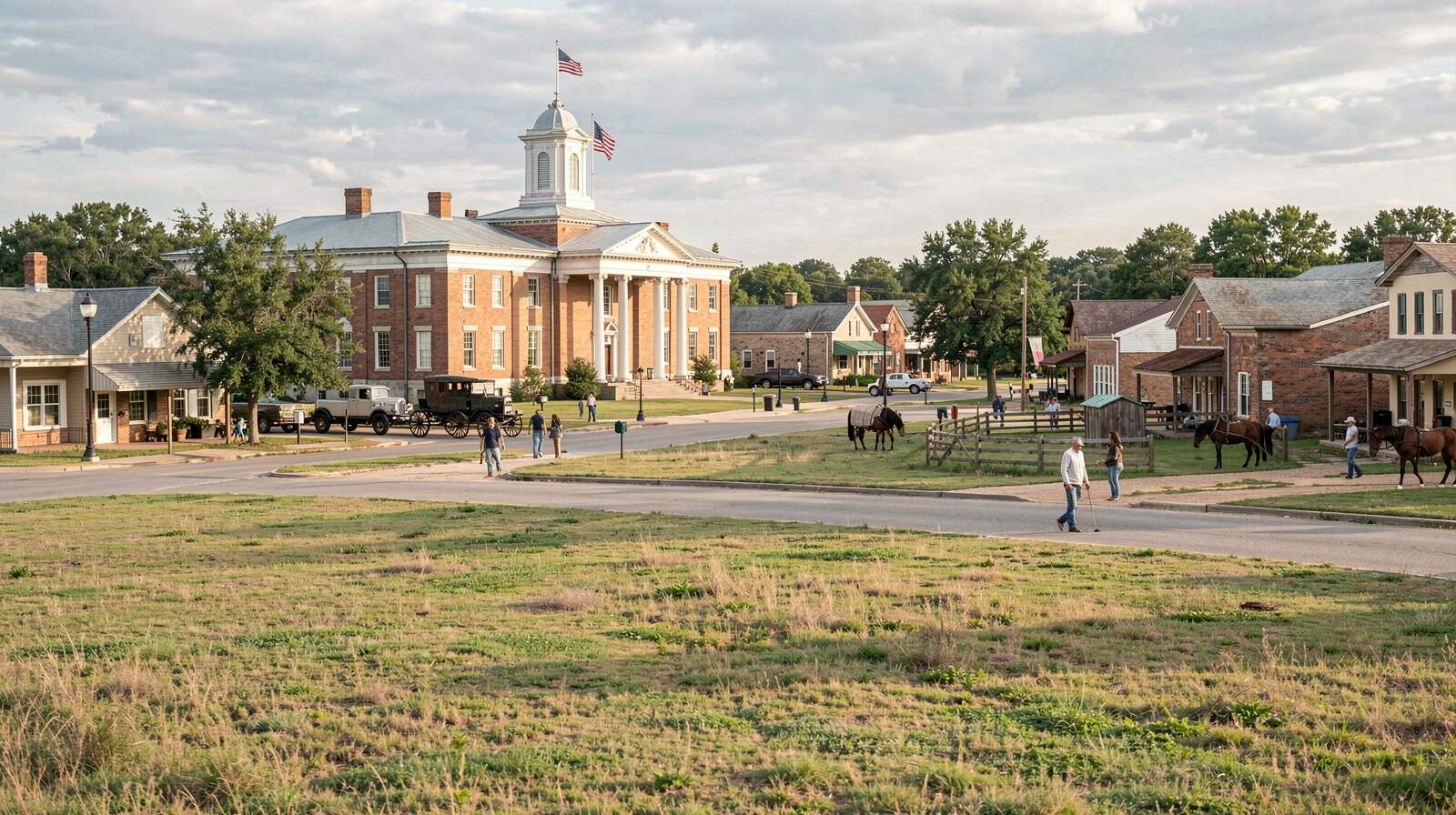 A two-storey brick courthouse with a white portico and a domed cupola seen across a wide dirt square, people walking near horse-drawn wagons and parked trucks, shopfronts along both sides, late afternoon light.