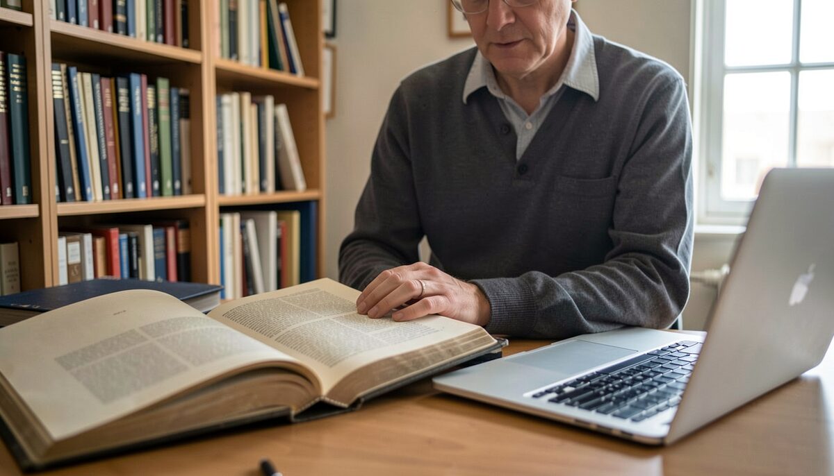 A person in a quiet records room turning the pages of a large bound volume, a laptop and a pencil beside it on the table, shelving blurred behind under even overhead light.