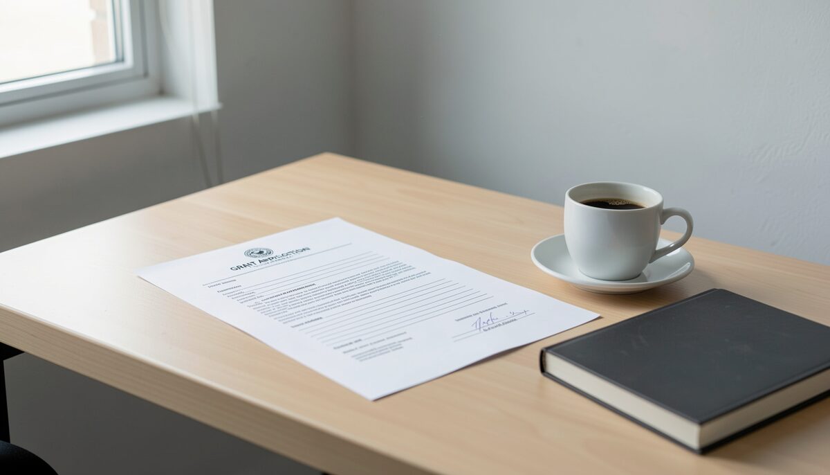 A grant application form, a receipt book and a stoneware cup on a plain table in the corner of an office, window light from the left, no people and no readable text in frame.